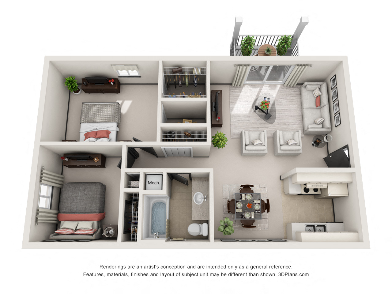 Floor plan for 2 beds, 1 bath, 832 sqft